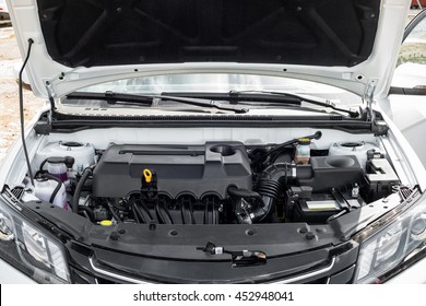 View Of The Engine And Other Details Under The Open Hood Of A Car