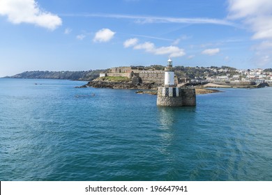 View from English Channel to town of Saint Peter Port, Guernsey, UK. Saint Peter Port - capital of Guernsey as well as main port.