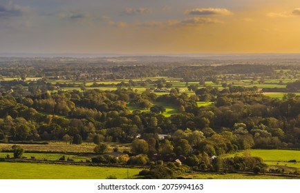 View of English countryside from Box Hill summit in Surrey, England, on autumn day