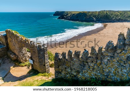 A view of the entrance to the path down to Barafundle Bay along the Pembrokeshire coast, South Wales in springtime