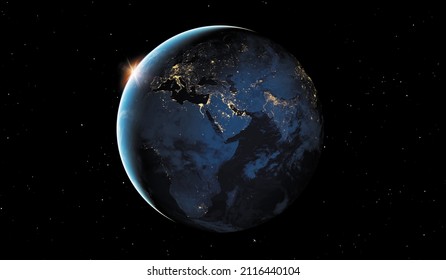 VIEW OF EUROPE AND AFRICA FROM SPACE AT NIGHT. Elements of this image furnished by NASA