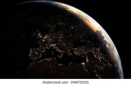 View of Europe from space at night with city lights