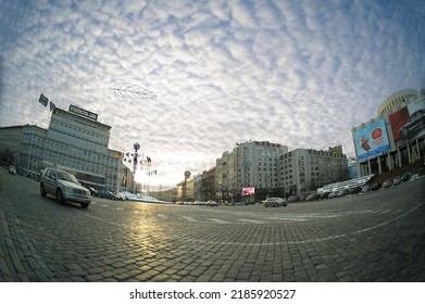 View Of The European Square, Buildings And Cars Driving. December 20, 2019. Kyiv, Ukraine