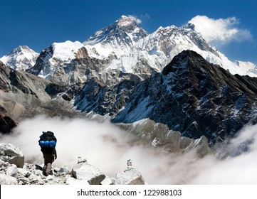 view of Everest from Gokyo with tourist on the way to Everest - Nepal
