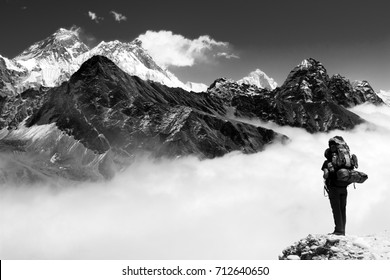 view of Everest from Gokyo with tourist on the way to Everest, Nepal Himalayas, black and white