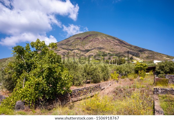 View of an extinct volcano on the island of Salina\
in Sicily