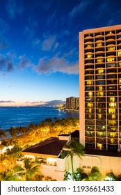 View of the facade of the building in Waikiki, Hawaii. Copy space for text. Vertical                       