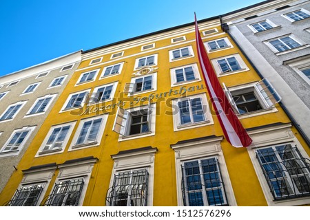 View of the facade of the historic building where Mozart was born known as Mozart's Birthplace (German: Mozart's Geburtshaus), Salzburg, Austria.