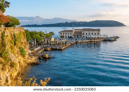 View to Faliraki and Mouragia from the sea, Corfu town, Kerkyra, Corfu island, Greece, Venetian architecture