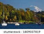 View of fall foliage and Mt. Rainier from Lake Washington