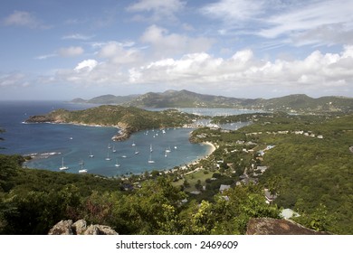 view of falmouth bay and english harbour from shirley heights lookout, Antigua leeward islands caribbean lesser antillies west indies