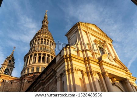 View of the famous Cupola of the San Gaudenzio Basilica in Novara, Italy. SAN GAUDENZIO BASILICA DOME AND HISTORICAL BUILDINGS IN NOVARA IN ITALY. San Gaudenzio church in Novara city, Piedmont, Italy