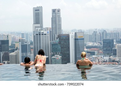 View From Famous Infinity Pool At Marina Bay Sands, Singapore. May 7, 2016