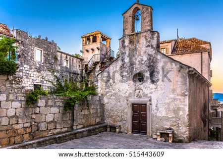 View at famous landmark in old ancient town Korcula, Croatia. / Marco Polo birth house Korcula. / Selective focus.