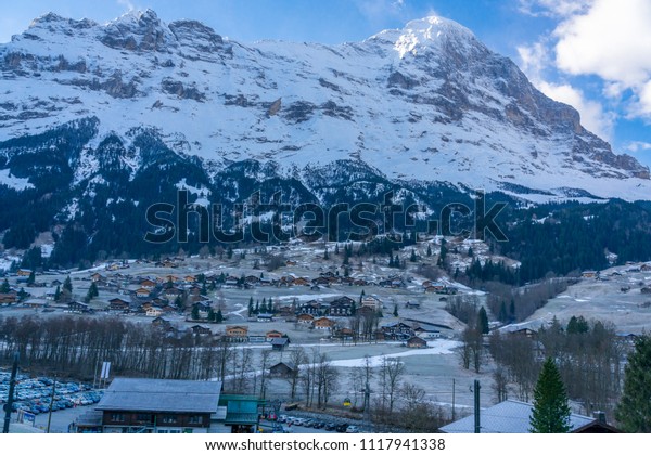 View of the famous Lauterbrunnen\
Village in the valley of the Alps Mountain in\
Switzerland