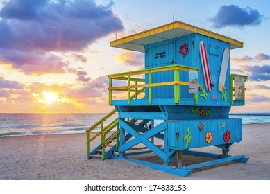 View Of Famous Miami South Beach Sunrise With Lifeguard Tower