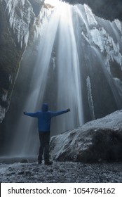 View of famous powerful Gljufrabui cascade in sunlight. 
