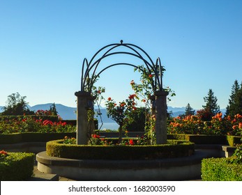 View of the famous rose garden of the university of british columbia campus facing the pacific ocean in vancouver