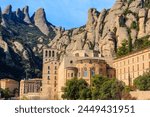 View of the famous Santa Maria de Montserrat Abbey located on the mountain of Montserrat nearby from Barcelona in Catalonia, Spain. Montserrat Monastery