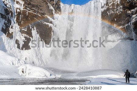 View of the famous Skógafoss ( Skogafoss) waterfall during winter in the south of Iceland near Skogar town. Amazing cascade with ice and snow and partially frozen river. A man is standing.