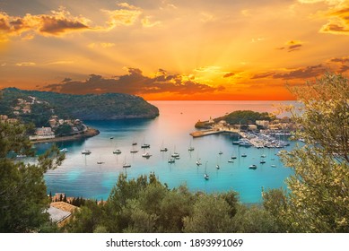 View of the famous Soller Port Marina and Dockland illuminated by sunset light in Palma de Majorca in Spain in summer season