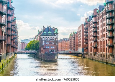 View of the famous water castle in the Speicherstadt warehouse district in Hamburg, Germany.