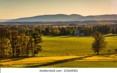 View of farm fields and distant mountains from Longstreet Observation Tower in Gettysburg, Pennsylvania.
