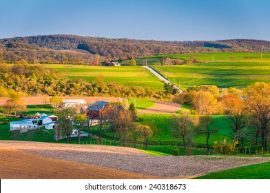 View of farm fields and rolling hills in rural York County, Pennsylvania.