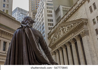 View From Federal Hall Of The Statue Of George Washington And The Stock Exchange Building In Wall Street, New York