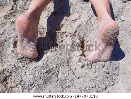 View of female barefoot feet and heels on the sandy beach