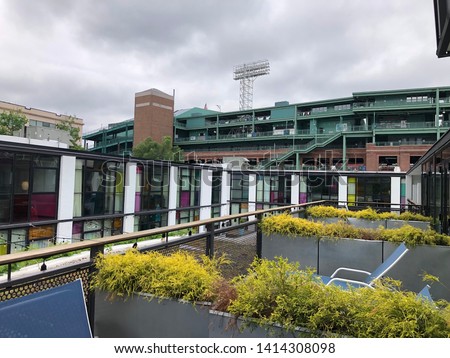 View of Fenway Park in Boston seen from a rooftop garden