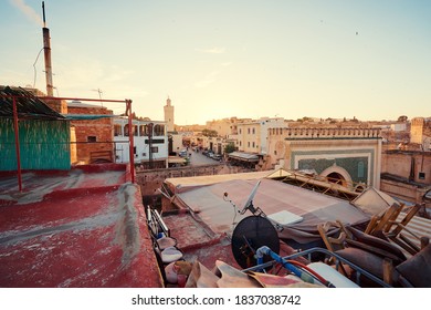 View of Fez City from the roof top terrace. Fes el Bali Medina, Morocco, Africa.