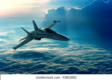 Ansicht eines Kampfflugzeugs über den Wolken