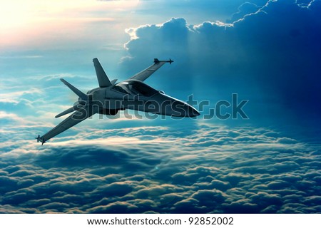 View of a fighter jet above the clouds