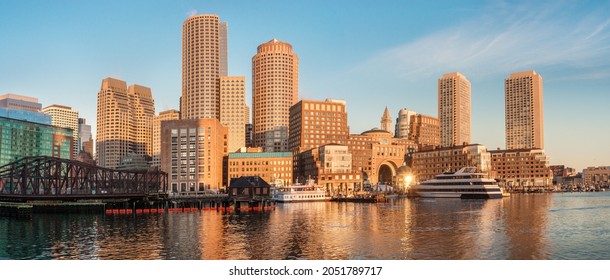 View of Financial District and Harbor in Boston at sunrise, Massachusetts, USA