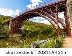 View up to the first iron bridge at Ironbridge, Telford,, Shropshire, landscape, wide angle