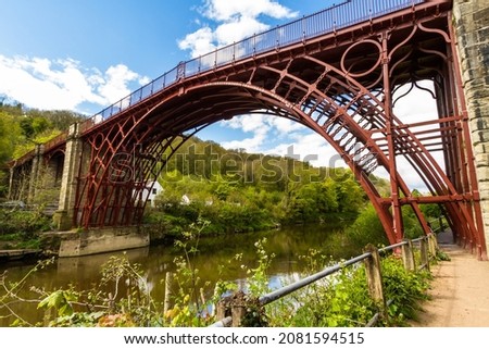 View up to the first iron bridge at Ironbridge, Telford,, Shropshire, landscape, wide angle