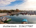 View of the fishing port of Palma de Mallorca, with the cathedral in the background.