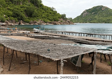 View of the fishing village of Zambo by Lake Malawi, near Monkey bay town. Malawi. Africa. 23rd February 2024.