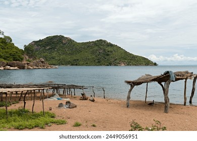 View of the fishing village of Zambo by Lake Malawi, near Monkey bay town. Malawi. Africa.