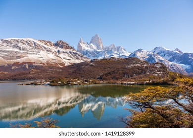 A View Of The Fitz Roy Mountain As Seen From Laguna Capri On A Hiking Trail, Outside Of The Patagonian Town Of El Chalten, Argentina.