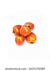 A bird’s-eye view of five tomatoes on a clean white surface