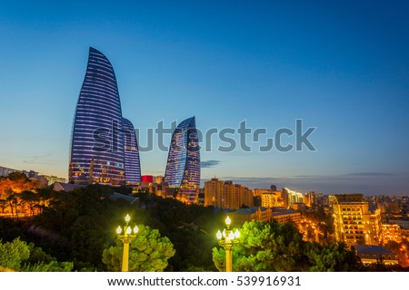 View Flame Towers Landmark Baku Azerbaijan Stock Photo ...