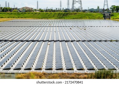 View Of The Floating Solar Power System On A Detention Basin In Kaohsiung, Taiwan.