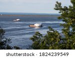 View of floating yurts in the bay of Carleton-sur-mer, Canada