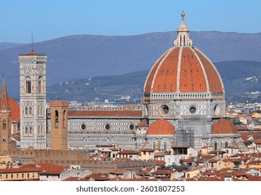 view of the Florence Cathedral in central Italy perfectly in focus with the large dome of Filippo Brunelleschi and Giotto s bell tower