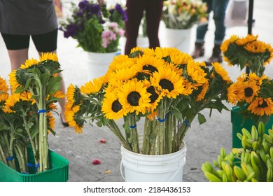 A View Of A Florist Vendor Tent Selling Sunflowers, Seen At A Local Farmers Market.