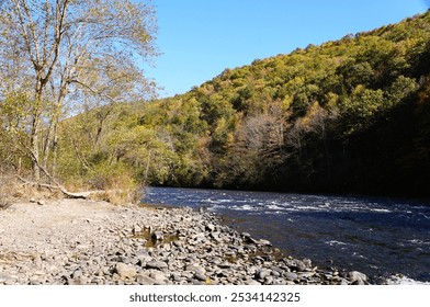 The view of the flowing river overlooking fall foliage at Lehigh Gorge State Park, Jim Thorpe, Pennsylvania, U.S.A