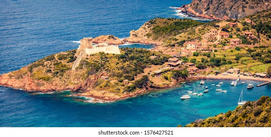 View From Flying Drone Of Port De Girolata - Place, Where You Can't Get By Car. Colorful Summer Scene Of Corsica Island, France, Europe. Panoramic Mediterranean Seascape.