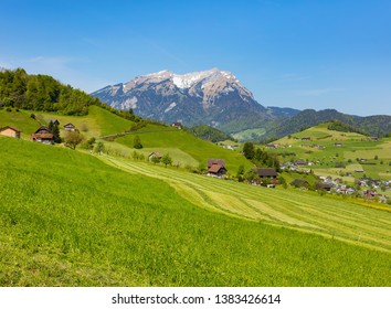 View from the foot of Mt. Stanserhorn in the Swiss canton of Nidwalden at the beginning of May, summit of Mt. Pilatus in the background.